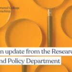 An update from the research and policy department, background is magnifying glasses on orange.