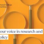 Your voice in research and policy, background is magnifying glasses on orange.