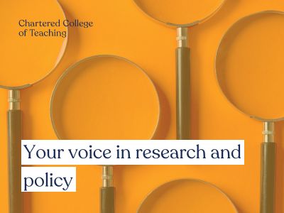 Your voice in research and policy, background is magnifying glasses on orange.